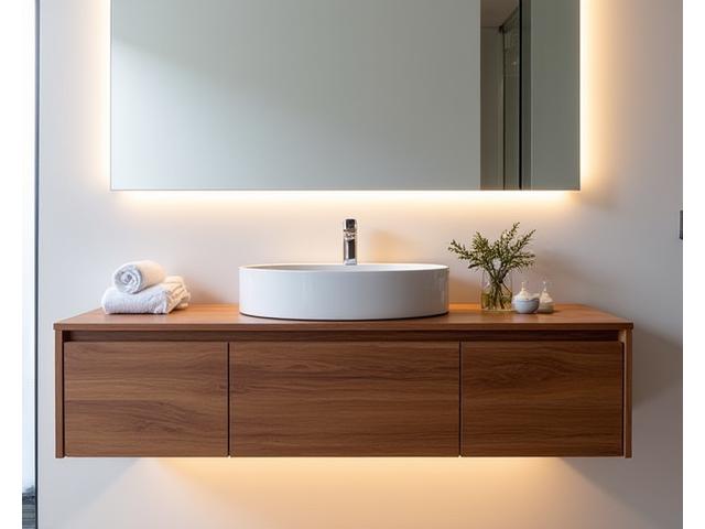 Meuble de salle de bain suspendu en bois exotique